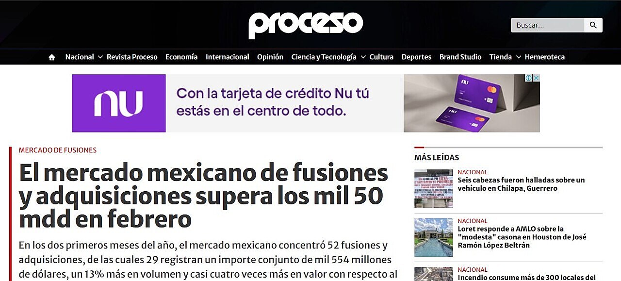 El mercado mexicano de fusiones y adquisiciones supera los mil 50 mdd en febrero